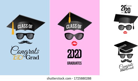 Set of congratulations graduates Class of 2020 badge. Typography logo design. Concept for print, shirt, overlay or stamp, seal, greeting, invitation card. Design vector with hut and text congrats grad