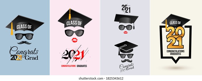 Set of congratulations graduates Class of 2021 badge. Typography logo design. Concept for print, shirt, overlay or stamp, seal, greeting, invitation card. Design vector with hut and text congrats grad