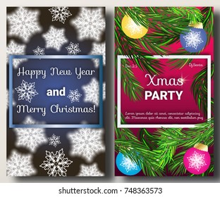 set of congratulations and Invitation to a festive party with elegant with a design of a Christmas tree and pine branches. for the celebration of Christmas and New Year. 
