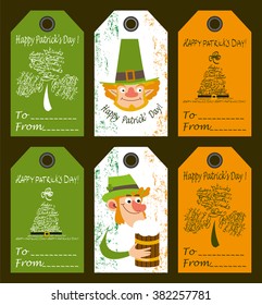 Set of congratulations labels for Saint Patrick's day.Set contains gift's labels  with images of shamrock,had,leprechaun,man with beer mug. 