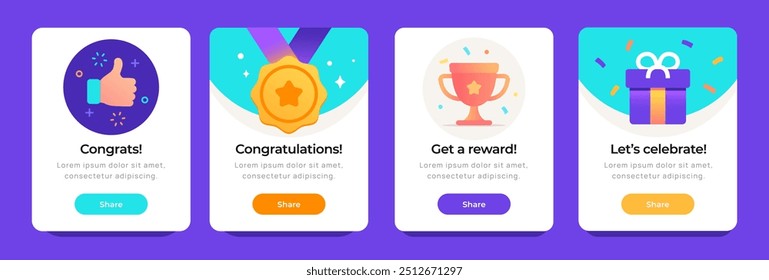 Conjunto de Anuncios emergentes de felicitaciones. Elementos de diseño para la interfaz de usuario del Sitio web o App. Carteles digitales para recibir recompensas o regalos. Ilustración vectorial plana de dibujos animados aislada sobre fondo