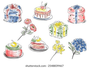 Set for congratulations. Torahs, boxes, flowers.
Scheme with a watercolor effect. Vector