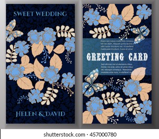 Set congratulations vector cards. on decorated background. butterflies and flowers pattern, brochure, gift certificate, party invitation