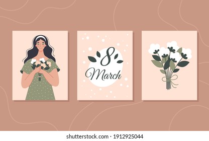Set of congratulatory spring cards for Women's Day, March 8. Pink square card with an inscription. Vector illustration