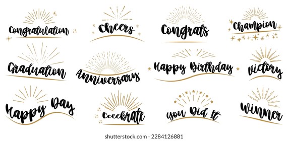 Set of congratulatory texts for different holidays. Congratulation, cheers, champion, anniversary, happy birthday, victory, celebrate