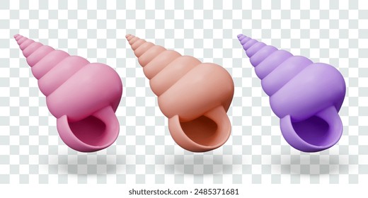 Set of conical spiral shells of different colors. Vector 3D templates for options