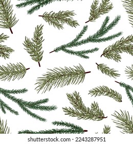 Set of conifer branches vector seamless pattern. Pine, spruce, cedar, larch, fir tree branches, winter nature texture for textile, print, card, christmas, greetings, wallpapers, background