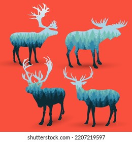 Set of coniferous forest symbol with moose. Vector illustration with deer silhouettes isolated on pink background.