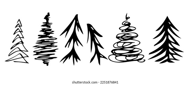 Set of coniferous trees hand-drawn. Spruce, pine. Vector hand-drawn doodles. Template design, clipart, logo, icon, sketch.