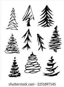 A set of coniferous trees hand-drawn. Spruce, pine. Vector hand-drawn doodles. Template design, clipart, logo, icon, sketch.