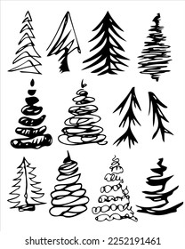 A set of coniferous trees hand-drawn. Spruce, pine. Vector hand-drawn doodles. Template design, clipart, logo, icon, sketch.