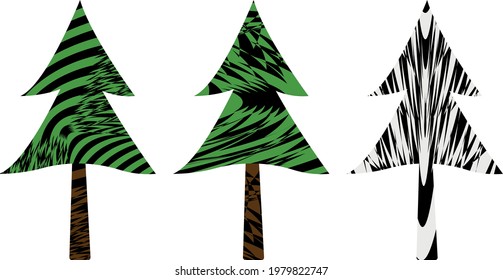 set of coniferous trees with modern textures in op art style natural icons for design