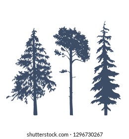 Set of coniferous trees silhouettes. Vector illustration of pines, spruces and firs.