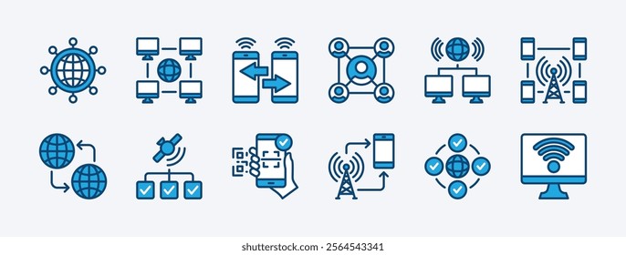 Set of connect, connection icon. Containing network, connectivity, share, computer device technology, interconnect, internet, sync, wireless, scan barcode, people, system. Vector illustration