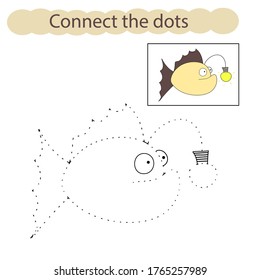 Set connect the dots and draw angler fish from a cartoon. Undersea world. Educational game for children. Vector illustration