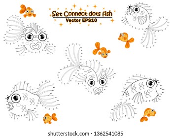 Set Connect the dots draw the cute cartoon goldfish and color. educational game for kids. Vector illustration