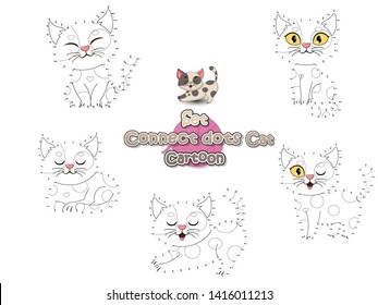 Set Connect The Dots Draw Cute Cartoon Cat and Color. Educational Game for Kids. Vector Illustration Animal Frame