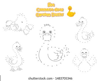 Set Connect The Dots and Draw Cute Cartoon Ducks. Educational Game for Kids. Vector Illustration Animal Frame