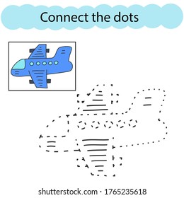 Set connect the dots and draw an plane from a cartoon. Cosmic world. Educational game for children. Vector illustration