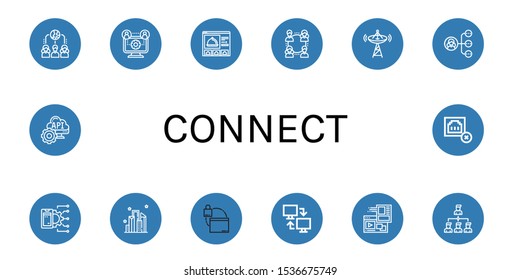 Set of connect icons. Such as Network, Website, Broadcast, Api, City, Web, Connection, Connection error , connect icons