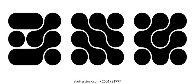 Set of connected black dots. Transition metaballs. Integration symbol. Circles pattern. Vector illustration