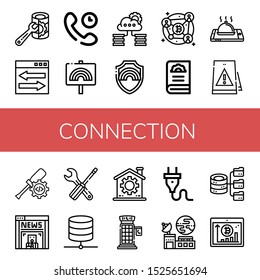 Set of connection icons. Such as Server, Web link, Technical Support, Pride, Cloud storage, Blockchain, Gear, Smartphone, Signaling, Settings, News, Database , connection icons