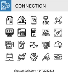 Set of connection icons such as Smartphone, Flash drive, Bridge, Server, Satellite, Data, Web, Computer tower, Online, Website, Browser, Video chat, Valve, Interactive , connection