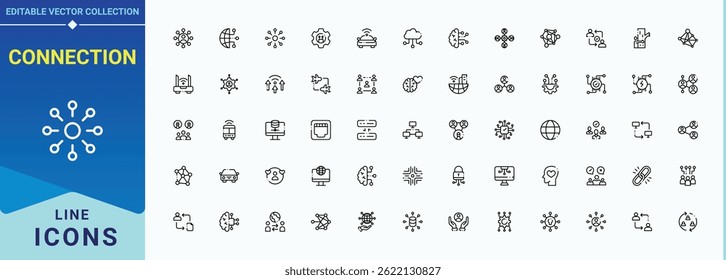 Set of Connection line icon. Featuring datum, technology, global, tech, connect, cyber and more. Minimal icons pack. Network icon. Vector illustration. Pixel perfect.