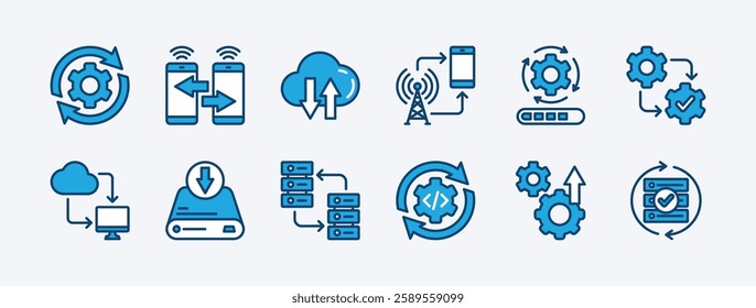 Set of connection process technology icon. Containing optimization, share, download and upload, network, progress, internet, data storage, copy, system, development, improvement. Vector illustration