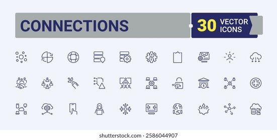 Set of Connections line icons. Contains such icons as wire, social, networking, computing, cyber, technology, data, group and more. Icon design. Editable vector stroke.