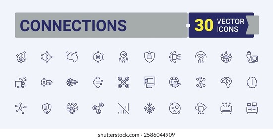 Set of Connections line icons. Contains such icons as wire, social, networking, computing, cyber, technology, data, group and more. Icon design. Editable vector stroke.