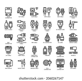 Conjunto de iconos de línea delgada de Tipos de conector para cualquier proyecto web y de aplicación. 