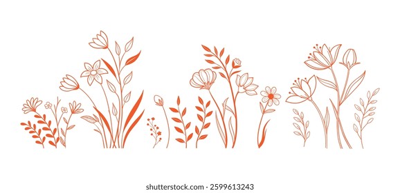 set consistent line art and wild flowers wild fresh silhouette vector
