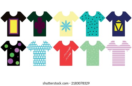 Set bestehend aus 10 T-Shirts mit unterschiedlichen Drucken und Farben auf weißem Hintergrund