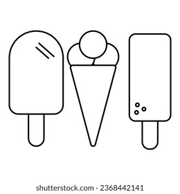 
A set consisting of 3 ice cream icons of different types. Fruit ice, popsicle and ice cream balls in a waffle cone