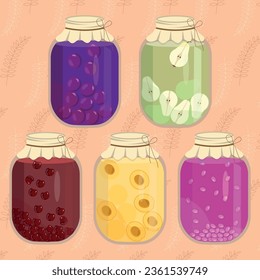 A set consisting of 5 types of compotes for the winter, consisting of various fruits. Apricots, cherries, pears, plums and grapes