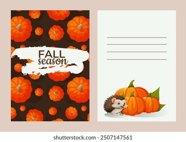 Set consisting of a back and front side of a postcard for autumn. Postcard for autumn with a pumpkin pattern on the front side and a hedgehog standing near a pile of pumpkins on the back side