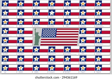 The set consisting of the flag of the United States of America, the silhouettes of the States against the stars of the American flag, their mottos, the silhouette of the statue of liberty.