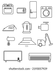 A set consisting of icons of home appliances. Image of a TV, mixer, iron, vacuum cleaner, washing machine, air conditioner, stove, extractor hood, kettle, refrigerator meat grinder and microwave oven