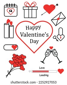 A set consisting of icons for Valentine's Day. Hearts, an envelope, keys and other attributes in the shape of red hearts