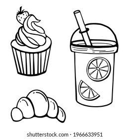 A set consisting of lemonade with lemons, cake and croissant drawn by a black line. Doodle style. Can be used in web design, as a background, printing, for decorating menus and cafes.