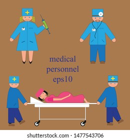 Set consisting of medical workers, a nurse, a doctor and two nurses carrying a pregnant woman on a gurney.
