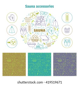 Set consisting of a round emblem, icons and line seamless patterns. Vector illustration.Accessories for sauna and bath.