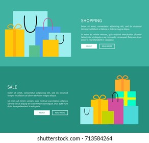 Set consisting of two web-pages dedicated to shopping theme representing bags and presents, headline and text as well as buttons vector illustration
