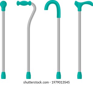 Un conjunto compuesto por varias muletas para ancianos. muletas para personas con discapacidad. Pie para personas con problemas de piernas. Suministros ortopédicos para ancianos y discapacitados. Vector.