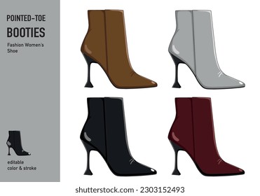 A set consisting of women's booties, of different colors. High-heeled boots vector illustration