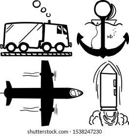 The set consists of an anchor, a car, an airplane and a vertically flying rocket.