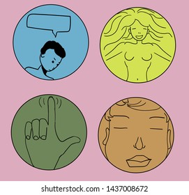 The set consists of circles. Inside are drawn people, hand and face. Among the characters there is a happy girl and a man leaning down.