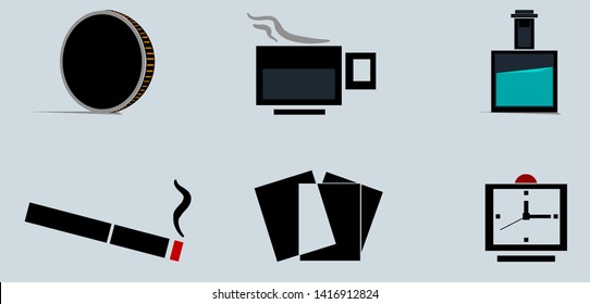 The set consists of a coin, an edge, a mug with a hot drink and a bottle of liquid. Below are a smoldering cigarette and a clock with a red button working like an alarm clock.