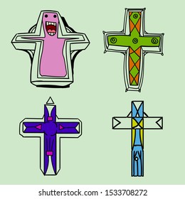 The set consists of crosses. On one of them is a smiling character.